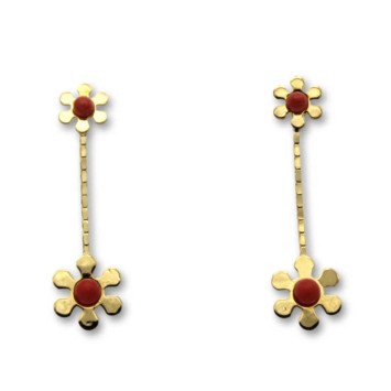 Pendiente de oro largo flor con coral