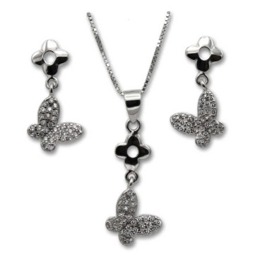 Conjunto mariposa y flor en plata con circonitas