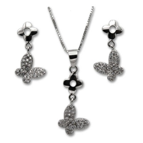 Conjunto mariposa y flor en plata con circonitas