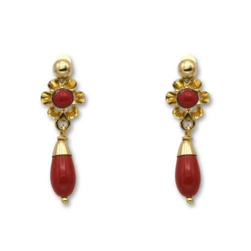 Pendiente de oro arquillo color coral lagrima 1ª postura