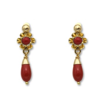 Pendiente de oro arquillo color coral lagrima 1ª postura