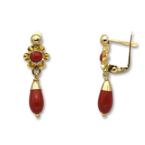 Pendiente de oro arquillo color coral lágrima 1ª postura