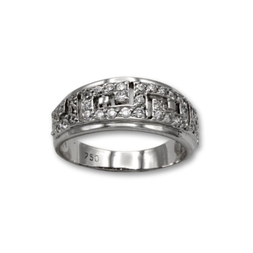 Sortija de oro blanco con grecas con circonitas pequeña