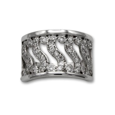 Sortija de oro blanco con ondas y circonitas