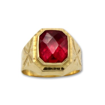 Sello de oro rectangular con tallas y rubí