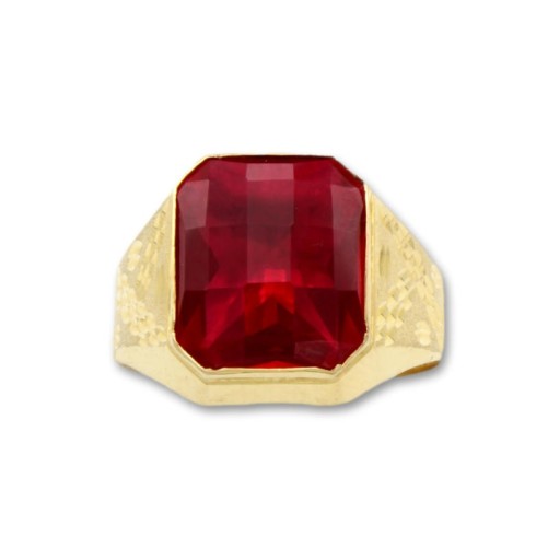 Sello de oro rectangular con tallas y rubí grande