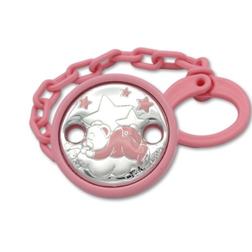 Pinza para chupete oso sobre nube y estrellas rosa