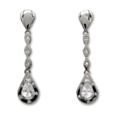 Pendiente largo oro blanco circonitas lagrima con filo