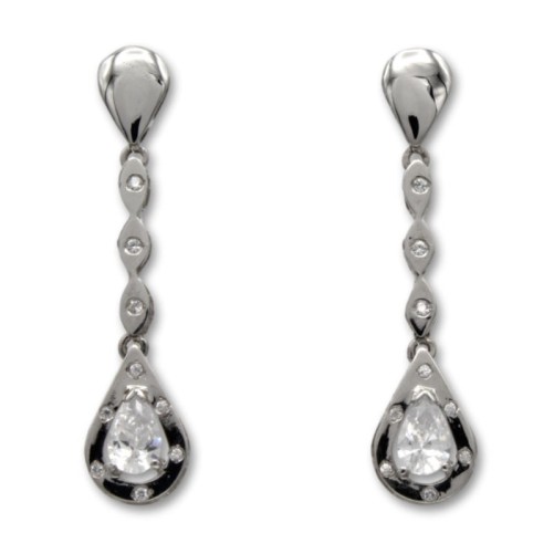 Pendiente largo oro blanco circonitas lagrima con filo