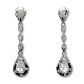 Pendiente largo oro blanco circonitas lagrima con filo