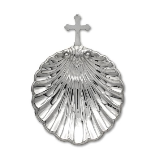 Concha para bautismo en plata con cruz