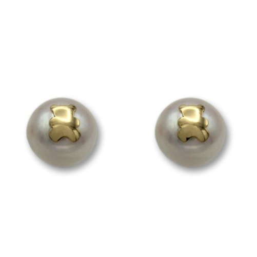 Pendiente de oro con una perla y la silueta de un oso 9mm