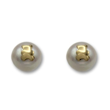 Pendiente de oro con una perla y la silueta de un oso 9mm