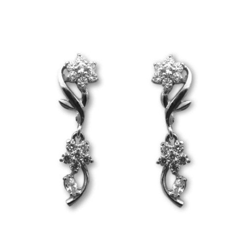 Pendiente de oro blanco flores circonitas dos cuerpos