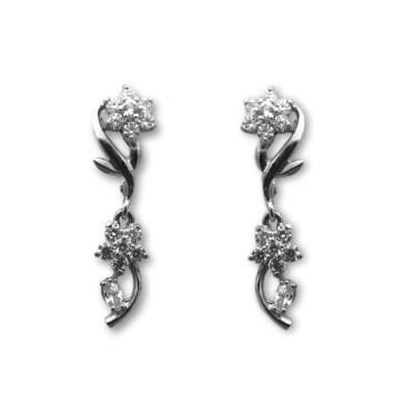 Pendiente de oro blanco flores circonitas dos cuerpos