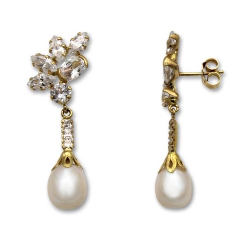 Pendiente de oro  con circonitas y lagrima perla