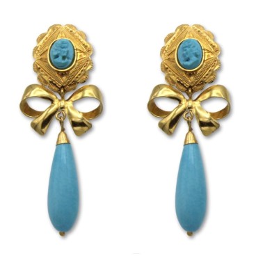 Pendiente de oro de carita de turquesa con lazo y lágrima