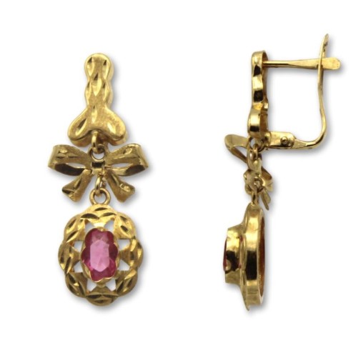 Pendiente oro largo cordobes con lazo y piedra rosa