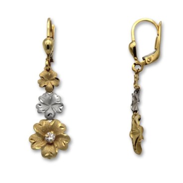Pendiente de oro largo con tres flores bicolor