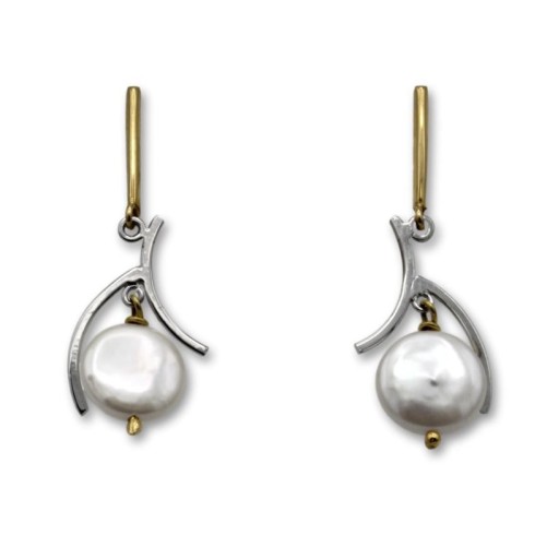 Pendiente largo de oro bicolor con perla