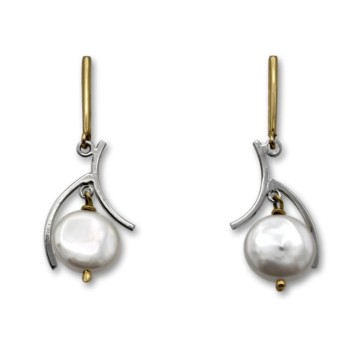 Pendiente largo de oro bicolor con perla