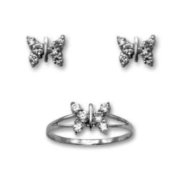 Juego de oro blanco mariposa con circonitas