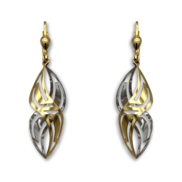 Pendiente de oro bicolor largo con greca y forma de espiral