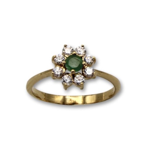 Sortija de oro con flor de circonitas y esmeralda