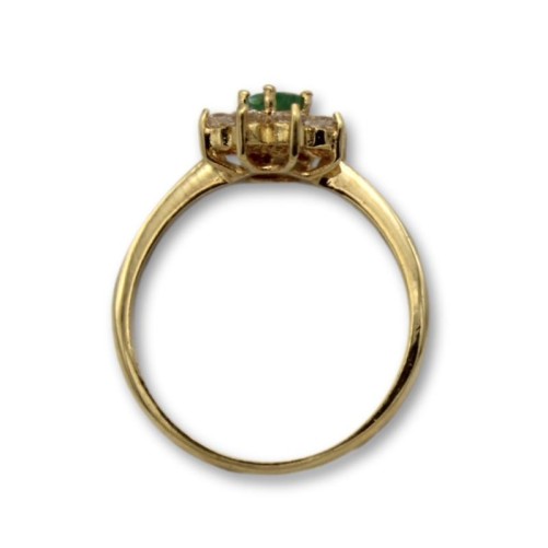 Sortija de oro con flor de circonitas y esmeralda
