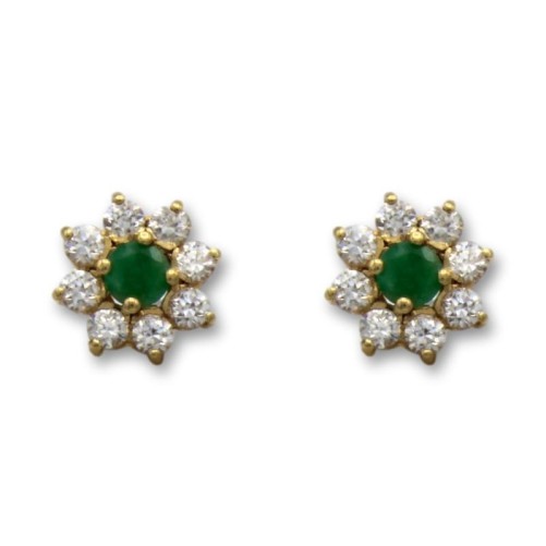 Pendiente de oro con flor de circonitas y esmeralda