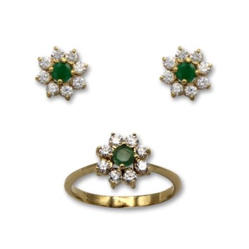Juego de oro con flor de circonitas y esmeralda
