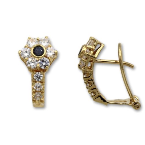 Pendiente de oro con flor de circonitas y zafiro