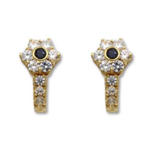 Pendiente de oro con flor de circonitas y zafiro