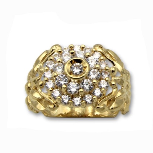 Sortija de oro roseton de circonitas laterales florales