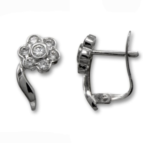 Pendientes de oro blanco de flor y circonitas