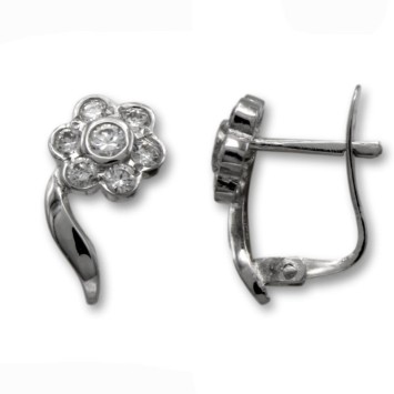Pendientes de oro blanco de flor y circonitas