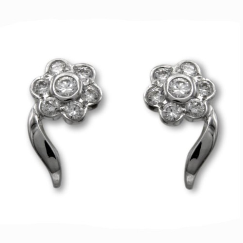 Pendientes de oro blanco de flor y circonitas