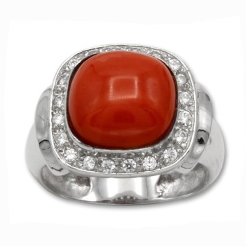 Sortija de oro con coral y circonitas