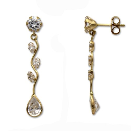 Pendientes largos oro amarillo hojas con circonitas