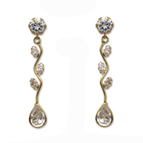 Pendientes largos oro amarillo hojas con circonitas