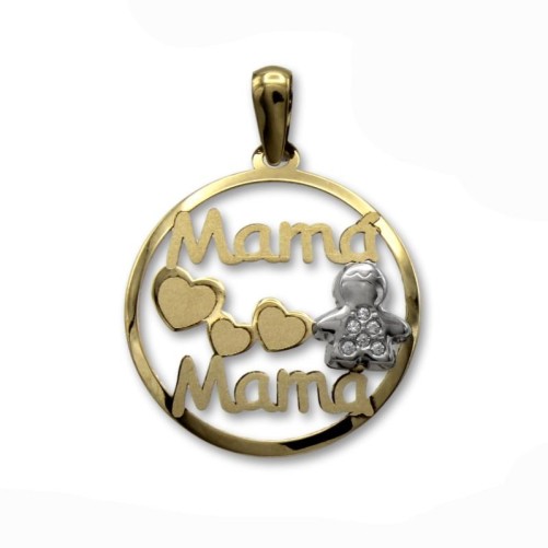 Colgante de oro mama corazones y niño con circonitas