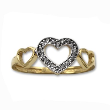 Sortija de oro corazón con circonitas y laterales corazones