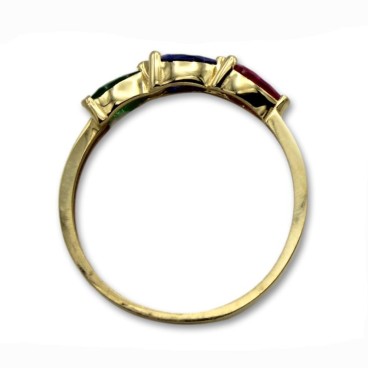 Sortija de oro con tres piedras talla pera de colores