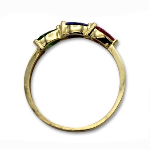 Sortija de oro con tres piedras talla pera de colores