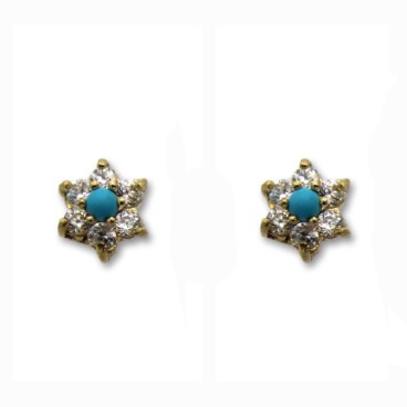 Pendiente de oro de flor cubierto de circonitas y turquesa