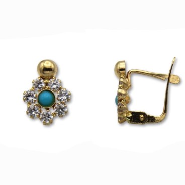 Pendiente de oro flor con circonitas y turquesa 1ª postura