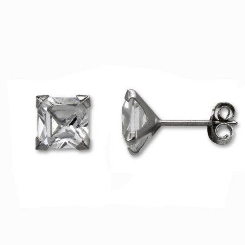 Pendiente en oro blanco con circonita cuadrada 6mm