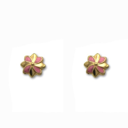 Pendiente de oro flor con esmalte rosa