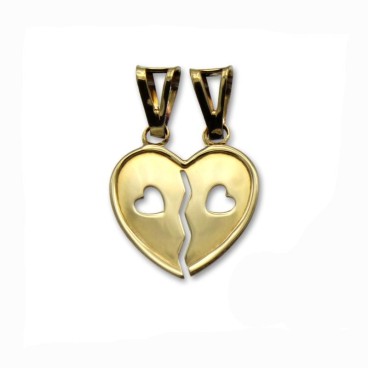 Colgante doble de oro con corazón partido y corazón calado