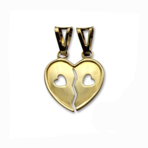 Colgante doble de oro con corazón partido y corazón calado